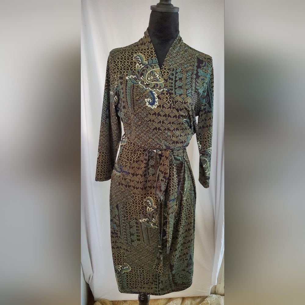 Liz Claiborne Brown and Green Wrap Dress Long Sleeve